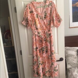 LOFT Orange and Pink Ruffled Wrap Midi Dress